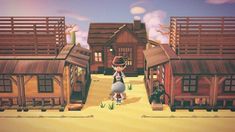 an animated image of a woman standing in front of some small wooden houses and buildings