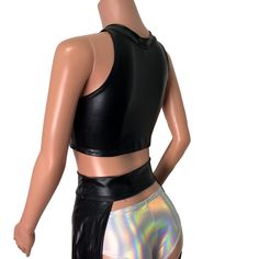 High-neck cutout crop top with sexy keyhole front. This top fits men or women for a unisex rave style. Made of 4-way stretch spandex. We can make this top in any of our 60+ fabrics if you request it in the personalization box! Please refer to the Women's size chart with your chest/bust measurement for sizing. Rave Style, Cutout Crop Top, Cutout Top, Fits Men, Cut Out Top, Wet Look, Womens Size Chart, Black Metallic, Mens Fitness