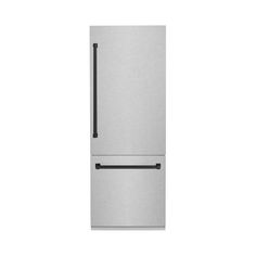 a silver refrigerator freezer sitting on top of a white wall next to a black handle