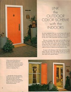 an orange door and some potted plants