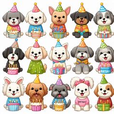 many dogs with birthday hats and cake