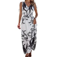 White Bohemia Print V Neck Sleeveless Maxi Dress Chic Sleeveless White Maxi Dress, White Floral Print Sleeveless Maxi Dress, Print Dresses, White Maxi Dresses, Sleeveless Maxi Dress, Geometric Designs, Women Dresses, Dresses Maxi, Maxi Dresses