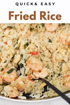 fried rice with shrimp and spinach in a white bowl on top of a table