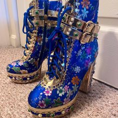 Akira Blue Embellished High Heel Boots Size 10 Nwot - Never Worn Sooo Cute I Just Didn’t Have An Occasion To Wear Them! Blue Heels Aesthetic, Blue Heel Boots, Ethereal Shoes, Royal Blue Boots, Cool Heels, Tease Hair, Queer Outfits, Crazy Heels, Sparkle Pony