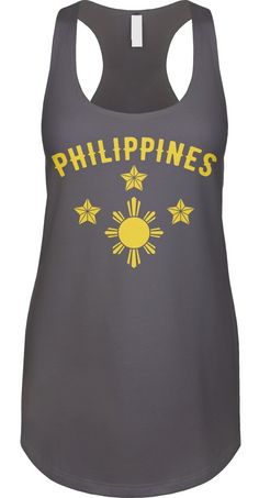 Show your Philippines pride We prefer to print this design on Next Level's LADIES Ideal Racerback Tank Top line which is 60% combed ringspun cotton/40% polyester (yes, that is the good soft stuff, not the cheap scratchy kind), but if those are not available from our supplier for the size and color you'd like we will use a comparable brand as a replacement to get you your item as soon as possible with the same quality and feel you've come to expect from Next Level. The design is printed and shipp Novelty Clothing, Sports Fan, Racerback Tank Top, Coat Of Arms, Soccer Jersey, Sizing Chart, Racerback Tank, Womens Clothing Tops, Philippines