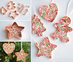 christmas ornaments made out of candy canes and cookie cutters