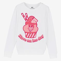 "Children's unisex super-soft sweatshirt with \"Have An Ice Day\" slogan and cute ice cream sundae character graphic. Printed sweatshirt by Batch1 Kids This sweater is: Super-comfy, long lasting and FUN to wear  Slogan: \"Have An Ice Day\"  Graphics: Cute ice cream character  Print: Organic, water-based, eco-friendly ink Style: Round neck, long sleeves Fit: Unisex  | Regular Fit  | Our children's clothing is unisex and can be worn by girls and boys.  Children's Sizes: 3-4 years | 5-6 years | 7-8 Ice Cream Slogans, Ice Cream Character, Womens Christmas Jumper, Cute Ice Cream, Women Slogan, Slogan Sweatshirt, Children Top, Character Graphic, Ice Cream Sundae