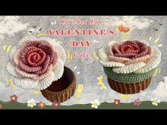 two crocheted cupcakes with flowers on them