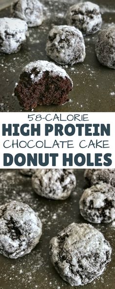 chocolate cake donuts with powdered sugar on top and the words high protein chocolate cake donut holes