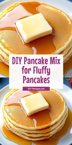 pancake mix for fluffy pancakes with butter on top and syrup drizzled over them