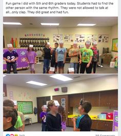 two pictures of children in a classroom with paper masks on their faces