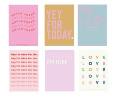 four different greeting cards with the words hello, love and i'm here on them