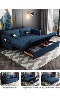 an image of a couch that has been made into a pull out bed with storage underneath