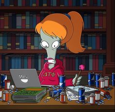 a woman with red hair sitting in front of a laptop computer surrounded by books and cans