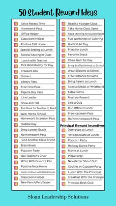 the 50 student reward ideas list for students to use on their school's website