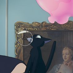 a woman looking at a black cat in front of a painting with a pink bubble above her head