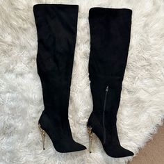 This Boots Are Literally Brand New, Just Worn Once. Fitted Black Boots With Metal Feet, Chic Black Heeled Boots With Metal Feet, Black Heeled Boots With Metal Feet For Party, Black Suede Heeled Boots For Party, Black Long Boots, Long Black Boots, Long Boots, Shoe Dazzle, Shoes Black