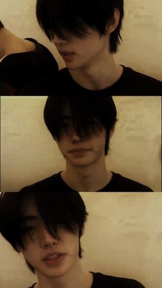 three different shots of a man with short hair and black shirt, looking at the camera