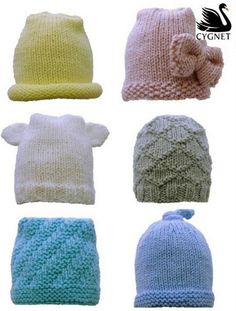 knitted hats and mittens are shown in different colors