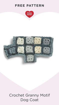 the crochet granny motif is shown in grey and white, with squares on it