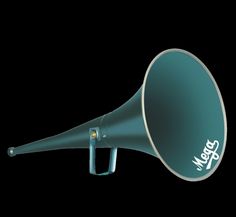 a blue and white megaphone on a black background