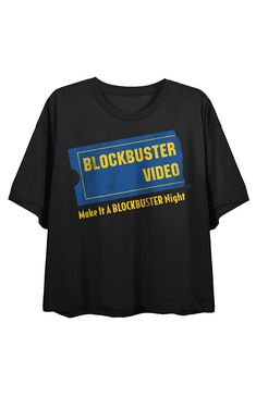 head back to the 90s with this blockbuster crop t-shirt. the shirt features a blue ticket logo with yellow letters that spell out "blockbuster video." yellow text below the image reads "make it a blockbuster night." the tee comes in a black short sleeve crop top. celebrate the classic 90s experience with this crop top tee. PacSun Womens Blockbuster Video Logo Cropped T-Shirt - Black size XS