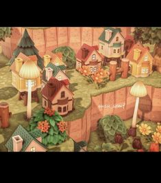 an animated village with lots of trees and houses on the hill side, surrounded by flowers