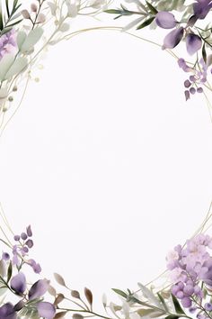 a circular frame with purple flowers and green leaves