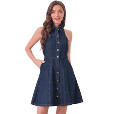 This casual summer denim dress is crafted in an A-line fit with a button-down closure and a halter neck. This dress features a halter neck, adding a feminine and romantic touch to your outfit. It's perfect for both casual and dressy occasions. Features a high waist design that accentuates your figure and makes you look taller. Pair it with your high heels for casual summer outfits. Dark Wash Button Closure Summer Dress, Summer Dresses In Dark Wash With Buttons, Summer Dark Wash Buttoned Dress, Dark Wash Buttoned Summer Dress, Dark Wash Button-up Denim Dress For Summer, Summer Denim Blue Dress With Button Closure, Medium Wash Dress With Snap Buttons For Summer, Summer Denim Dress With Snap Buttons, Summer Denim Dress With Buttons For Casual Wear