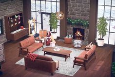 a living room filled with furniture and a fire place in the middle of a room