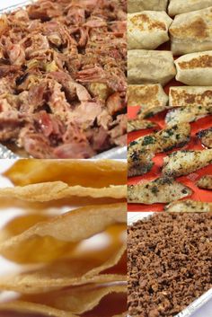 several different types of food are shown in this collage, including tortillas and meats