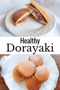 two plates with some food on them and the words healthy dorayaki above it