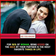 a man kissing a woman on the cheek in front of a pool with text that reads, did you know? for 69 % of woman, being kissed on the next by their partner is the most favorite things in life