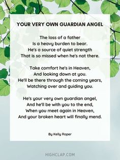 a poem written in front of green leaves on a white background with the words, your very own guardian angel