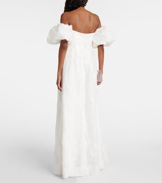 Matchmaker puff-sleeve off-shoulder gown in white - Rebecca Vallance | Mytheresa Wedding Event Outfits, Puff Sleeve Gown, Off Shoulder Gown, Rebecca Vallance, Spring Knits, One Shoulder Gown, Silk Gown, Maxi Dress Evening, Street Style Chic