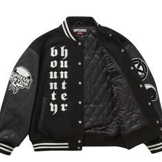 Supreme Bounty Hunter Varsity Jacket Black Supreme Varsity Jacket, Luxury Black Varsity Jacket With Padded Collar, Luxury Varsity Jacket For Streetwear In Winter, Luxury Varsity Jacket With Padded Collar For Streetwear, Luxury Black Varsity Jacket For Winter, Luxury Streetwear Varsity Jacket With Padded Collar, Black Biker Jacket With Padded Collar For Streetwear, Black Luxury Outdoor Outerwear, Luxury Varsity Jacket For Fall Streetwear