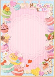 a pink and blue background with lots of cupcakes on it's sides