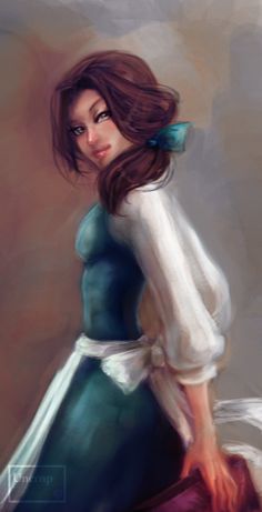 a digital painting of a woman in a blue dress and white shirt with her hands on her hips