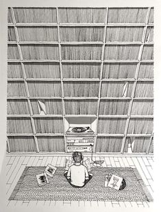 a drawing of a person sitting on the floor in front of a bookshelf