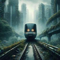 a train traveling through a lush green forest filled with tall buildings in the foggy city