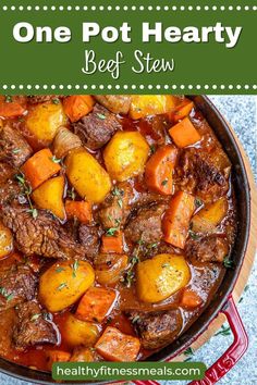 beef stew with potatoes and carrots in a skillet text reads easy homemade beef stew