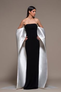 Gown With Cape, Black And White Gown, Robes Glamour, Strapless Evening Gowns, Strapless Evening Dress, White Gown, Column Gown, فستان سهرة, Glam Dresses