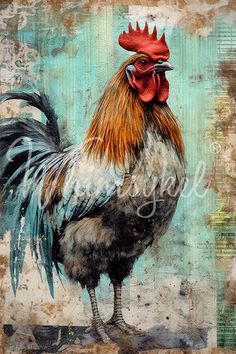 a painting of a rooster standing in front of a blue background