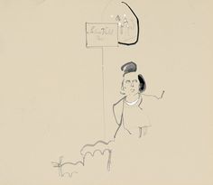 a drawing of a woman standing next to a sign