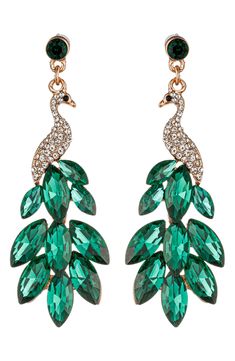 Encrusted crystals detail these peacock-shaped earrings that'll add significant polish to even your most casual ensembles. Goldtone plate/glass Imported Green Peacock, Peacock Green, Earrings In Gold, Cute Earrings, Eye Candy, Nordstrom Rack, Beaded Jewelry, Gold Tones, Jewelry Earrings