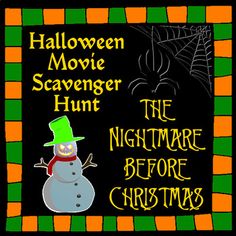 halloween movie scavenger hunt poster with snowman in green and orange striped frame