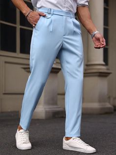 Men Solid Color Simple Daily Matching Suit Pants Blue    Woven Fabric Plain  Non-Stretch  Men Clothing, size features are:Bust: ,Length: ,Sleeve Length: Blue Trousers Outfit Men, Blue Pants Outfit Men, Blue Trousers Outfit, Bright Blue Suit, Trousers Outfit Men, Baby Blue Pants, Light Blue Pants, Blue Suit Men, Mens Slacks