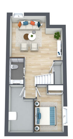 A 3D floor plan of a tiny basement with one bedroom. Basement Suite Layout, Square Basement Layout, 1000 Sq Ft Basement Layout, Basement Floorplan Ideas Layout, Basement Zones Layout, Basement Apartment Floor Plan, Basement Apartment Layout Floor Plans