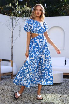 Art Gallery Maxi Dress Blue Spring Break Dress, Here Lies, Brunch Dress, Off Shoulder Dresses, White Long Sleeve Dress, Skirt And Top Set, Runway Trends, Holiday Wardrobe, Travel Outfits