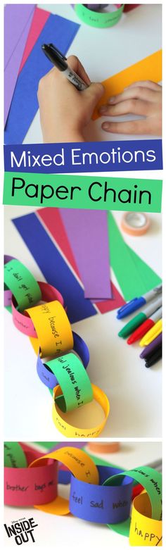 paper chains with the words mixed emotions written on them and some colored papers attached to them